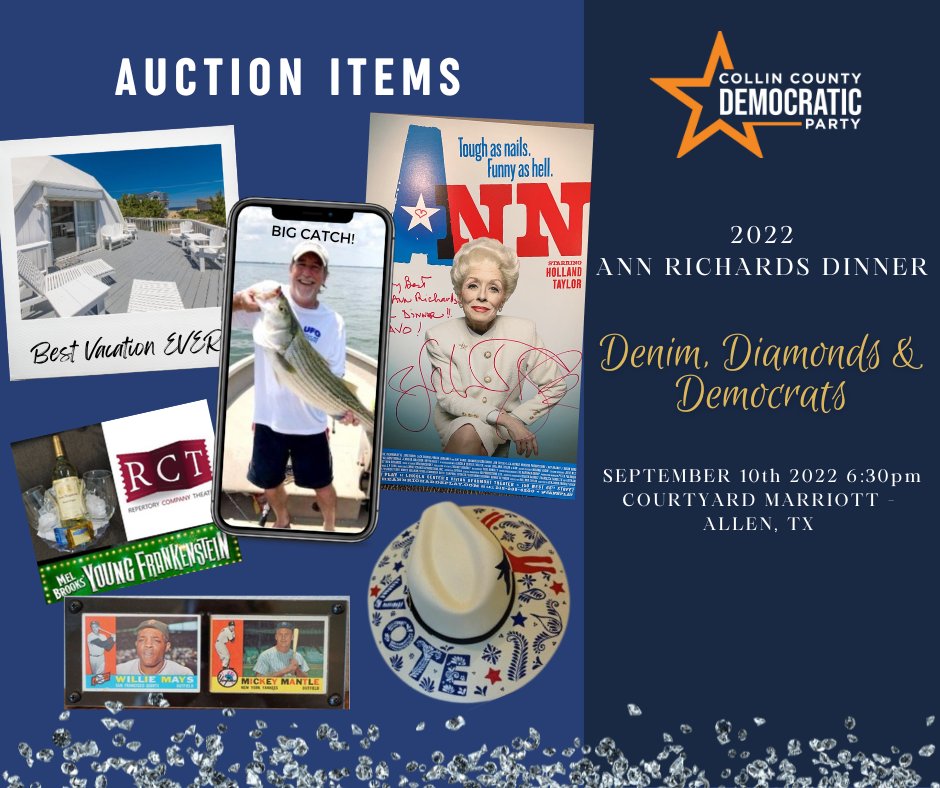 CollinDemocrat's tweet photo. The 2022 Ann Richards Dinner Auction is NOW OPEN! Register ahead of time to be ready to win your bids.
You can even bid from home (wink, wink!)
Click here and join the fun -> https://t.co/w3zbTd9JLE
#ARDTX2022 #CCDP #TurnCollinBlue #CollinBlue22 #Democrats https://t.co/fAHfg4ouza