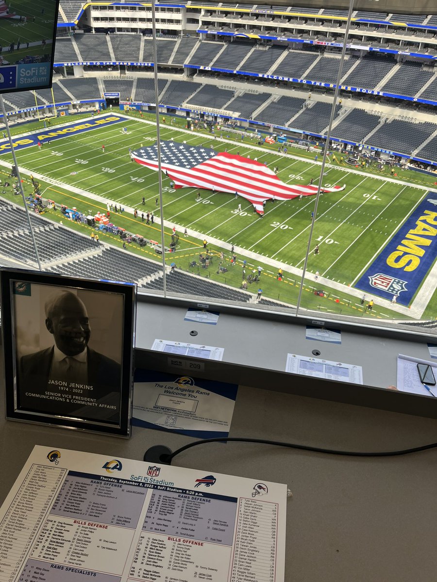 RoperPR1's tweet image. Thoughtful tribute in the SoFi Stadium press box tonight for my long time colleague Jason Jenkins of the Miami Dolphins. Great job @artistwyman and the LA Rams Comms team, nicely done.