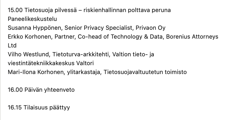 privaon's tweet photo. Tietosuojan syysrieha 9.9! Privaonin CTO Tomi Mikkonen klo 12:45 "Käytännön vinkit  tietoturvaloukkausten käsittelyyn", ja Senior Data Protection Specialist Susanna Hyppönen klo 15:00  keskustelussa "Tietosuoja pilvessä – riskienhallinnan polttava peruna". https://t.co/MhKP5VIPAx https://t.co/6axHP8uuau