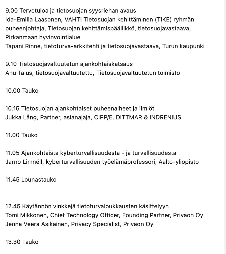 privaon's tweet photo. Tietosuojan syysrieha 9.9! Privaonin CTO Tomi Mikkonen klo 12:45 "Käytännön vinkit  tietoturvaloukkausten käsittelyyn", ja Senior Data Protection Specialist Susanna Hyppönen klo 15:00  keskustelussa "Tietosuoja pilvessä – riskienhallinnan polttava peruna". https://t.co/MhKP5VIPAx https://t.co/6axHP8uuau