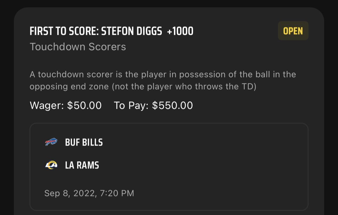 aXccenT's tweet photo. Tonight’s picks for the first TD scorer of the Bills vs. Rams game are:

Diggs +1000
Akers +1000

Enjoy the excitement. Let’s start the season off right!

Odds from DraftKings https://t.co/v2OjMjfttm