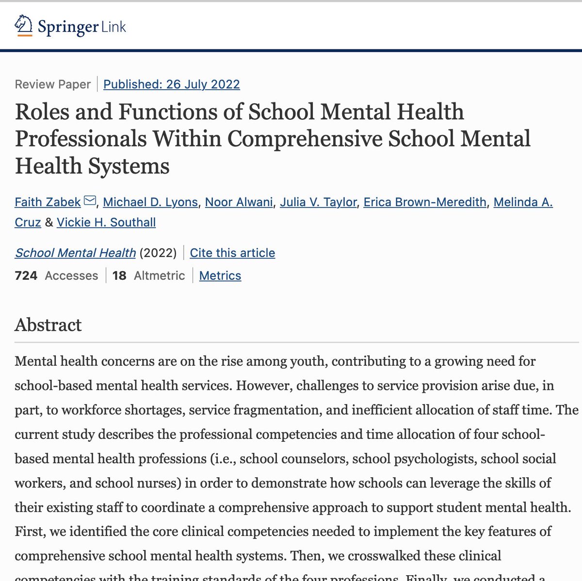 NEW #RESEARCH ALERT: <a href="/FaithZabek/">Faith Zabek</a>, Mike Lyons, <a href="/juliavtaylor/">Julia V. Taylor</a> &amp; colleagues publish on "Roles &amp; Functions of #School #MentalHealth #Professionals Within Comprehensive #SchoolMentalHealth #Systems." Read more on these #findings -> link.springer.com/article/10.100…