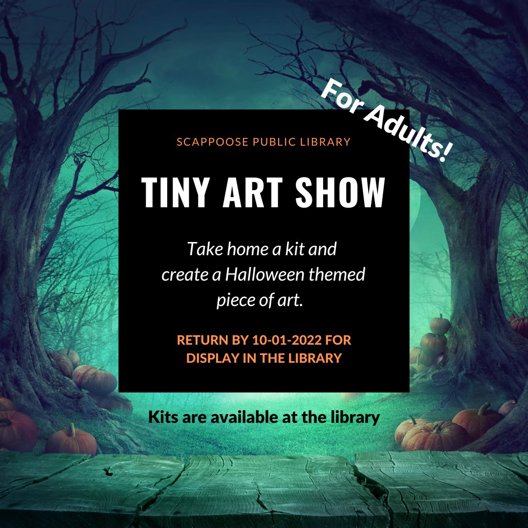 ScappooseLib's tweet photo. We have another #TinyArtShow coming up! Pick up a kit with canvas, easel, paint, and brush today and return your mini masterpiece by October. https://t.co/d1moRB4Lb3