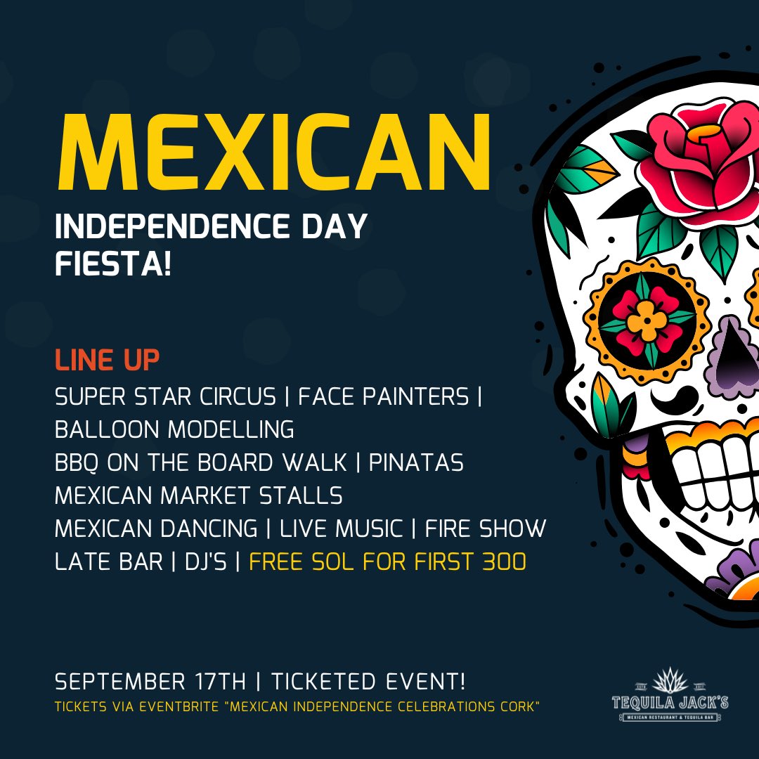 INDEPENDENCE DAY FESTIVAL 🎉🇲🇽

Join us September 17th for our jam packed day of celebrations for this year’s Mexican Independence Day 🎉

Tickets are on sale now: eventbrite.ie/e/mexican-inde…

#corkcity #corkbars