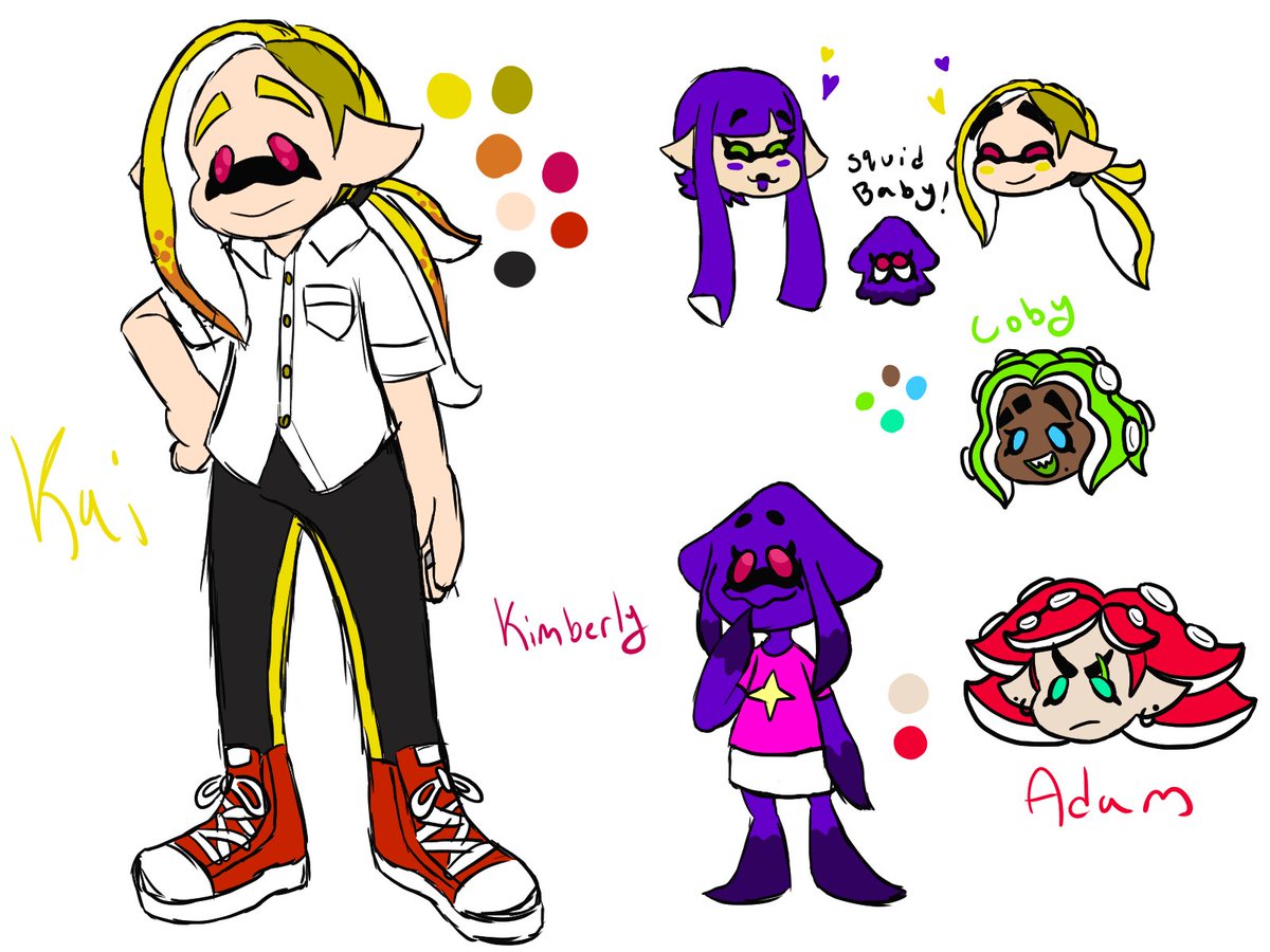 SuperSpaceFruit's tweet photo. Here's some Splatoon oc doodles I've been working on today. My oldest splat ocs Percy, Kai and Adam. Newest ones Kimberly and Coby #Splatoon #Splatoon3 #splatoonoc #myart #Doodles https://t.co/IQib3IjXMv