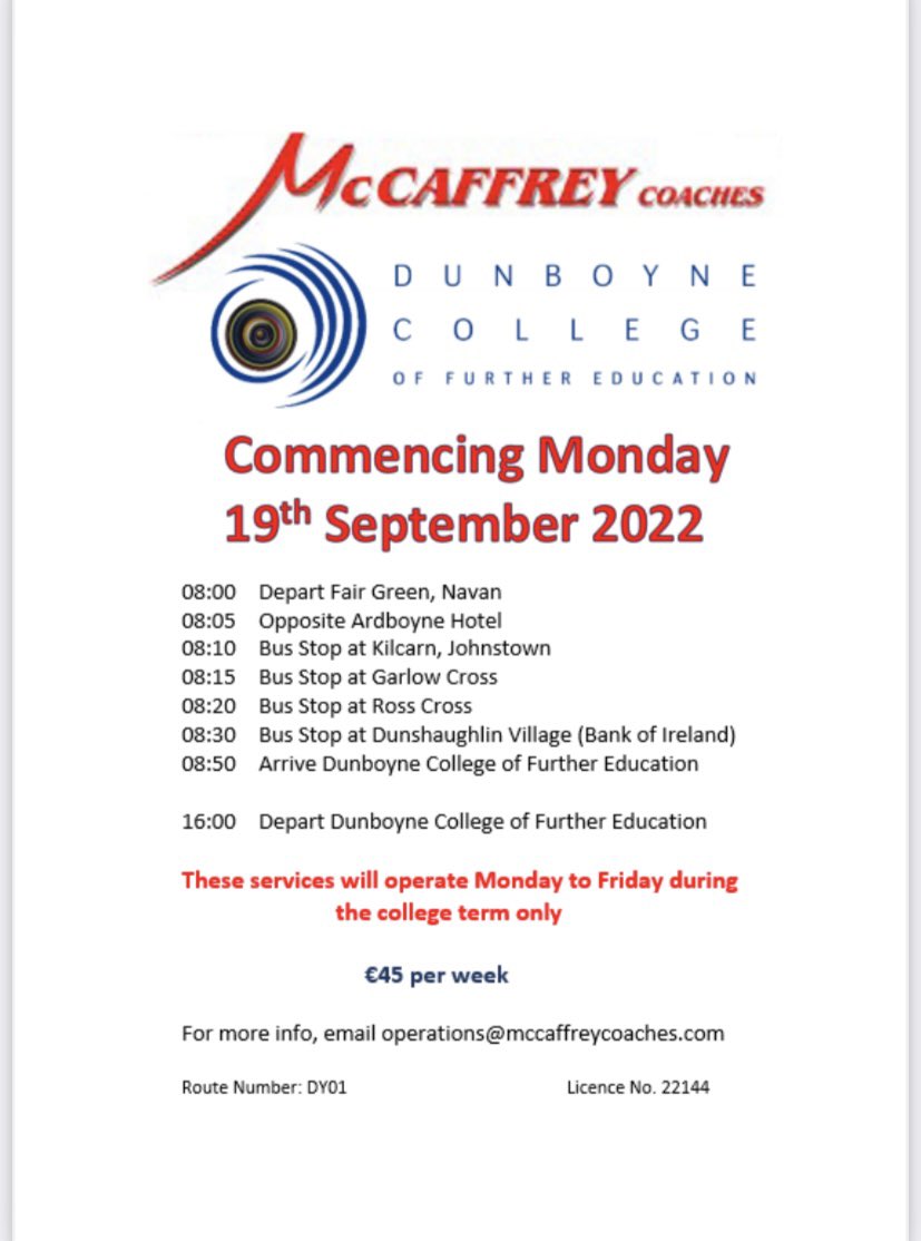 McCaffrey Coaches (@mccaffreycoach) on Twitter photo Bus service to <a href="/DunboyneCollege/">Dunboyne College FE</a> from Navan via Dunshaughlin starts Monday 19th September! 🚌 Bus service to <a href="/DunboyneCollege/">Dunboyne College FE</a> from Navan via Dunshaughlin starts Monday 19th September! 🚌