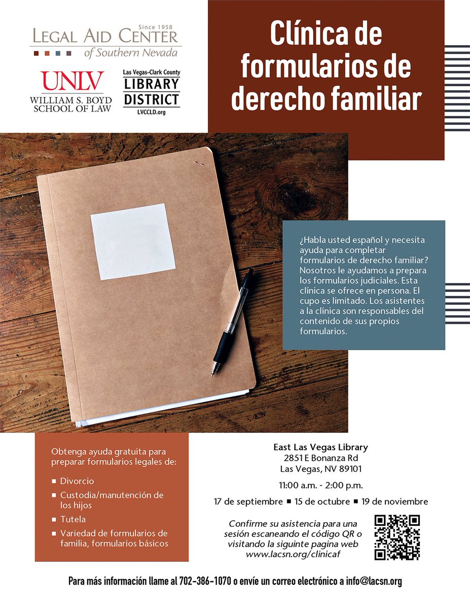 Nosotros le ayudamos a prepara formularios judiciales con <a href="/BoydLawUNLV/">William S. Boyd School of Law at UNLV</a> y <a href="/LVCCLD/">Las Vegas-Clark County Library District</a>. Regístrese para obtener ayuda gratuita para preparar formularios legales para #divorcio, custodia/manutención de los hijos, #tutela y otros asuntos: lacsn.org/clinicaf