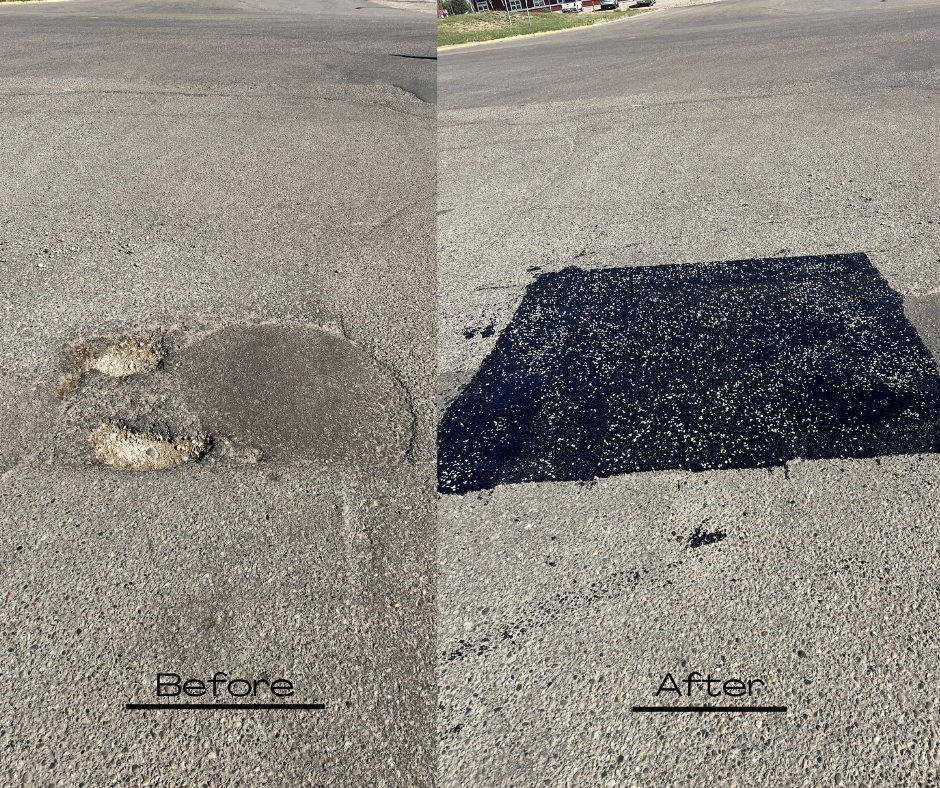 Paveitconst's tweet photo. A little bit of Plastasphalt we did for @Fairview_AB  this week. 
.
.
.
Fun Fact: Our President, Rob grew up in Fairview. It was great heading back to his roots to lay some permanent pothole repair! https://t.co/EUA2hAxzqq