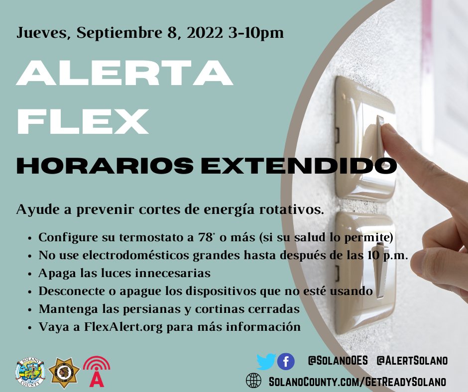 We know you’re getting tired of hearing about the #heatwave but WE NEED YOUR HELP again. Today's #flexalert is from 3-10pm. You can help out by turning your thermostat up to 78° or higher (health permitting) &amp; don’t use major appliances until after 10pm. The end is in sight!