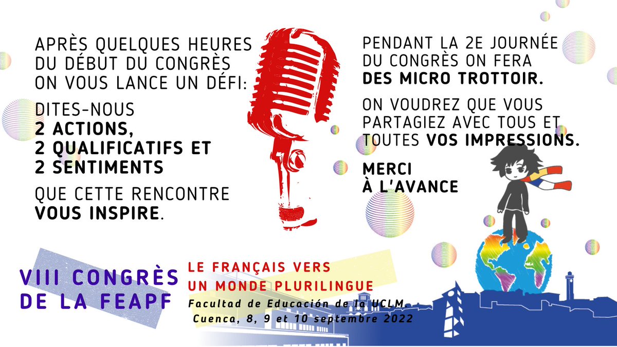 Toutes et tous les bénévoles qui ont contribué à l'organisation du Congrès sont heureux de vous avoir souhaité la bienvenue à Cuenca au VIII Congrès de la FEAPF. 🙋🏻‍♀️🙋
Enfin on s'est revu, on s'est connu, on a commencé à échanger. Merci et bonne continuation!