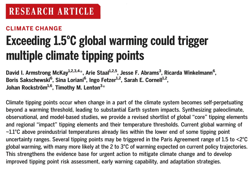 Finally!!⚡A long-awaited paper is out: a comprehensive update to our much-cited 2008 'tipping point' paper, with several @PIK_Climate co-authors. It is much more thorough - a lot of science has happened since. It confirms that some thresholds to tipping may be dangerously close.