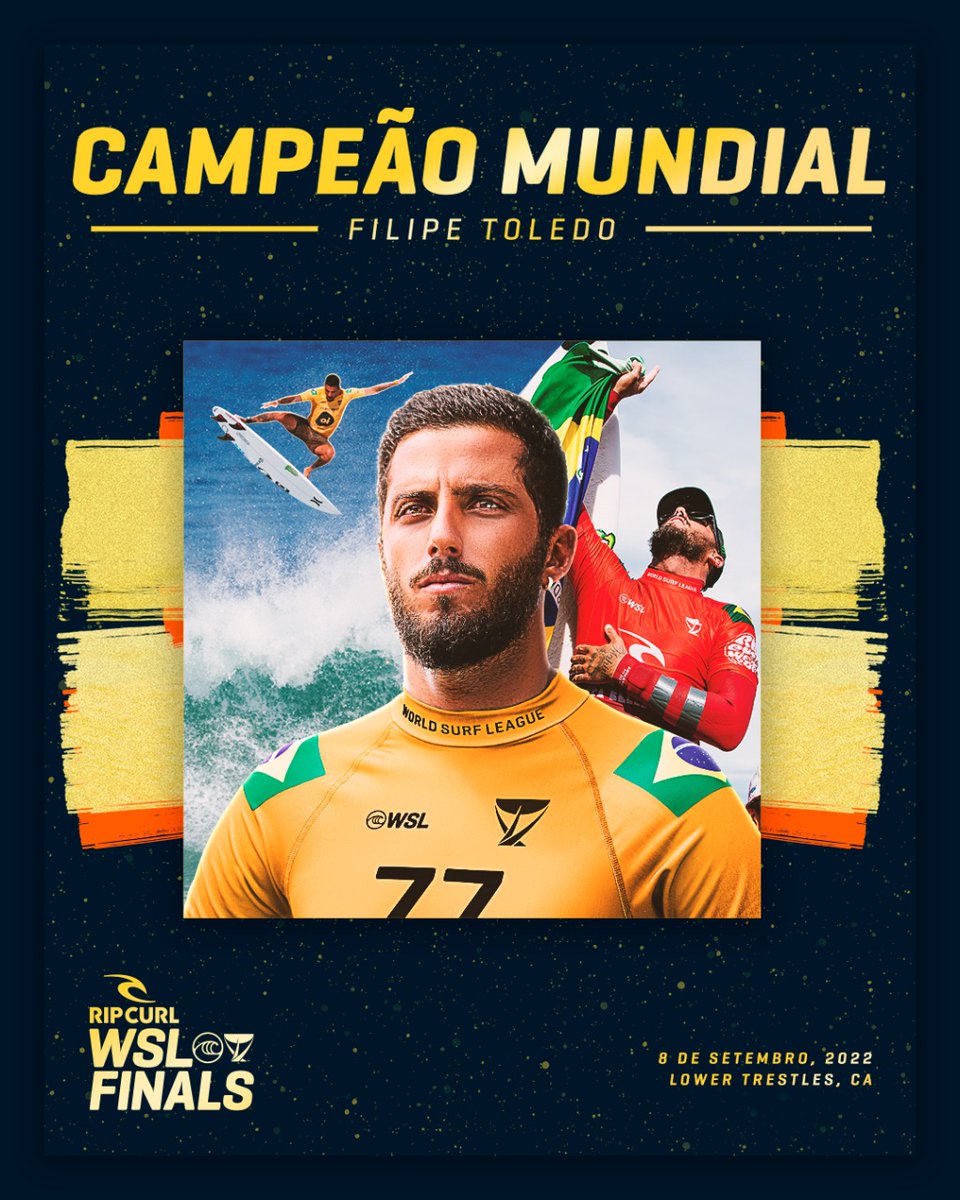 FILIPE TOLEDO É CAMPEÃO MUNDIAL DE 2022! 7️⃣7️⃣🏆🌊🇧🇷

O sonho se tornou realidade: Filipe Toledo vence Italo Ferreira por 2 a 0 no Confronto do Título no #RipCurlWSLFinals e se torna CAMPEÃO DO MUNDO pela 1ª vez na carreira.

Uma temporada ÉPICA para o local de Ubatuba. #WSLBrasil