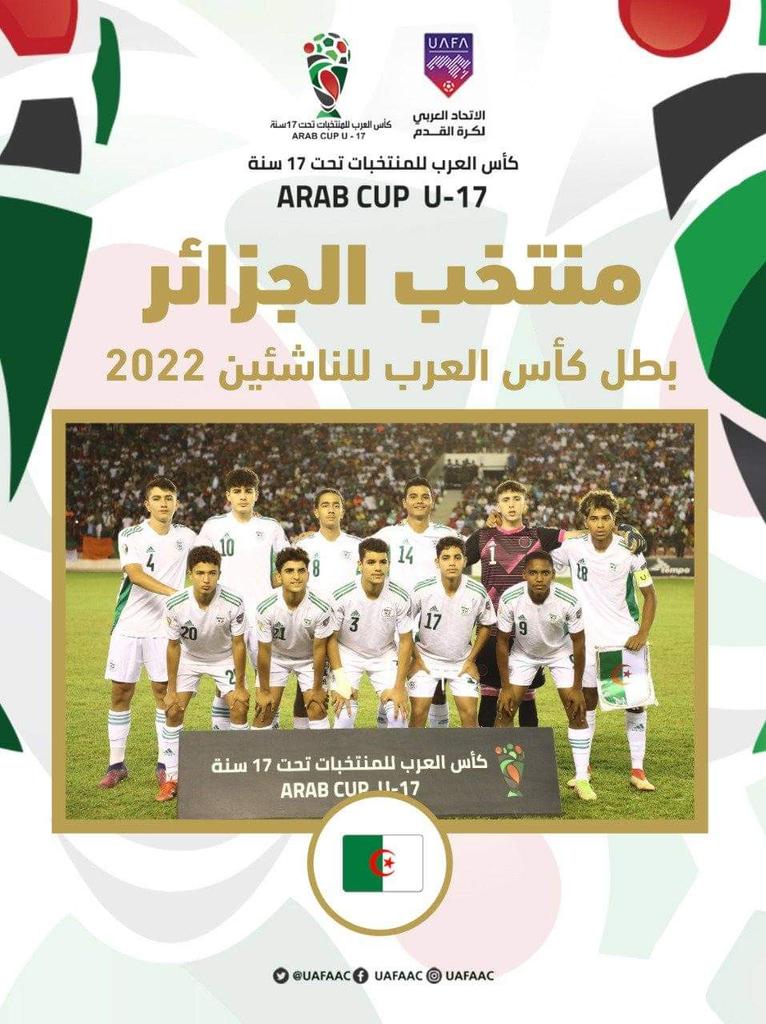 derradjihafid's tweet photo. المحاربون الصغار على خطى الكبار، يتوجون بلقب كأس العرب للناشئين أقل من ١٧ سنة بعد فوزهم على المنتخب المغربي بركلات الترجيح 4-2.     
ألف مبروك لبراعم الجزائر.
🇩🇿💪👊 برافو https://t.co/hFGhXzKmu9