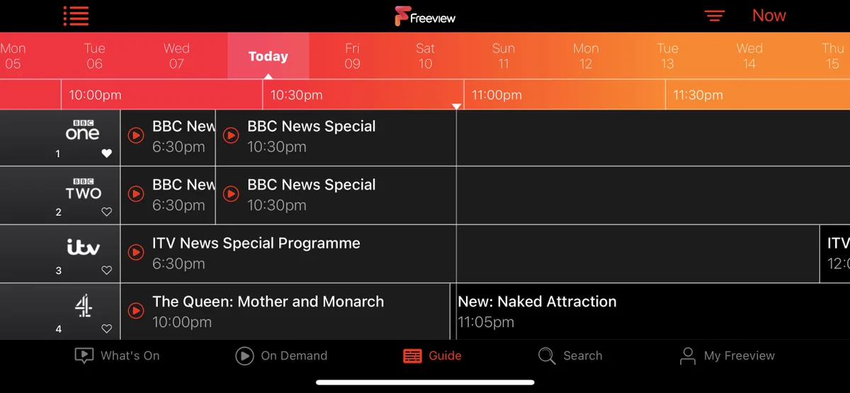 Screenshot from the Freeview app. BBC One, BBC Two and ITV are all showing news specials for the entire evening.

Channel 4 has ‘The Queen: Mother and Monarch’ from 10:00 until 11:05, followed by ‘Naked Attraction’!