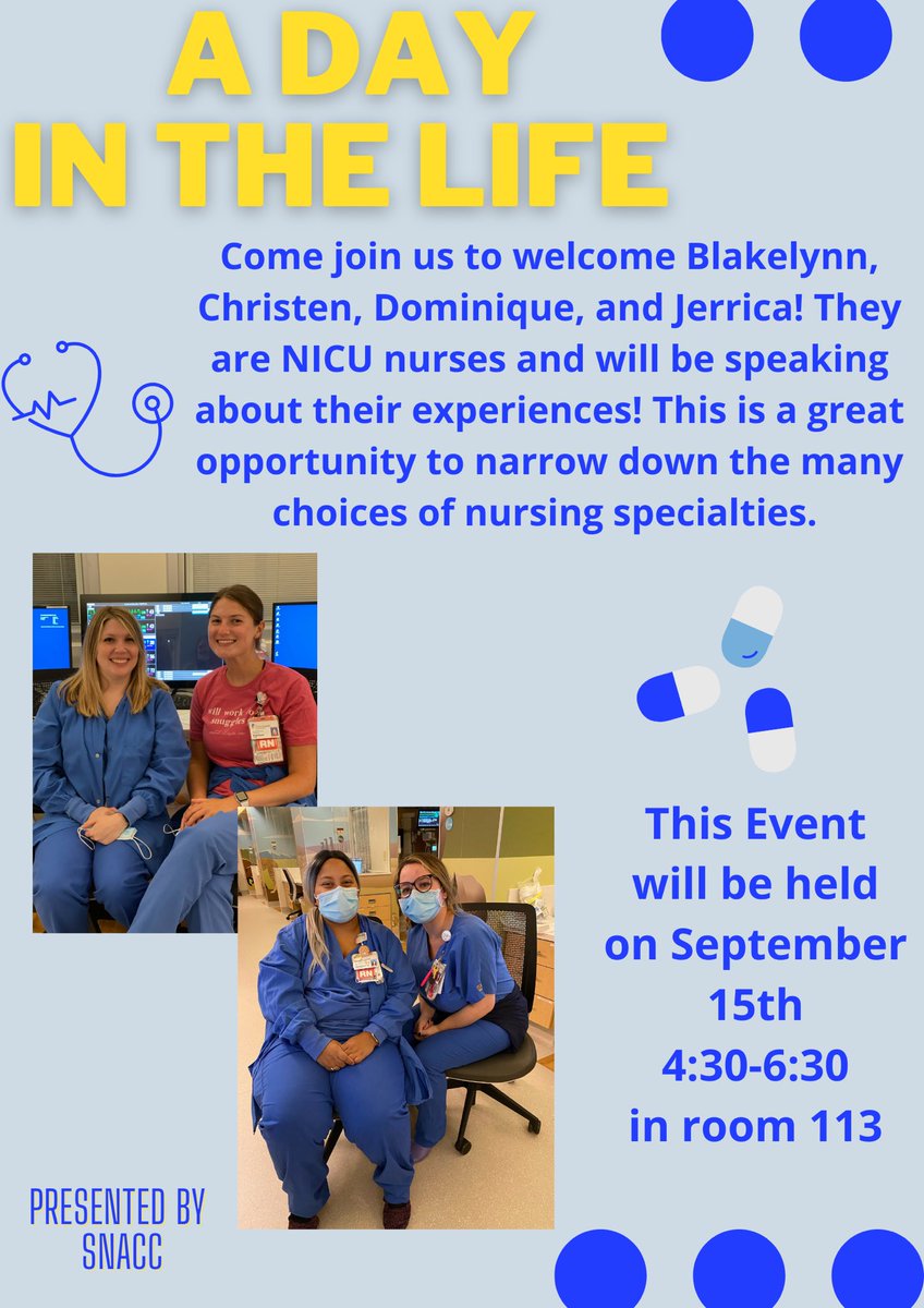 Come join us for A Day in the Life of a NICU Nurse! We will have four guest speakers who are NICU nurses at the Christ Hospital. They will be sharing their experiences in their specialty and insights about the day to day lives of NICU nurses. Hope to see you there!💙💛