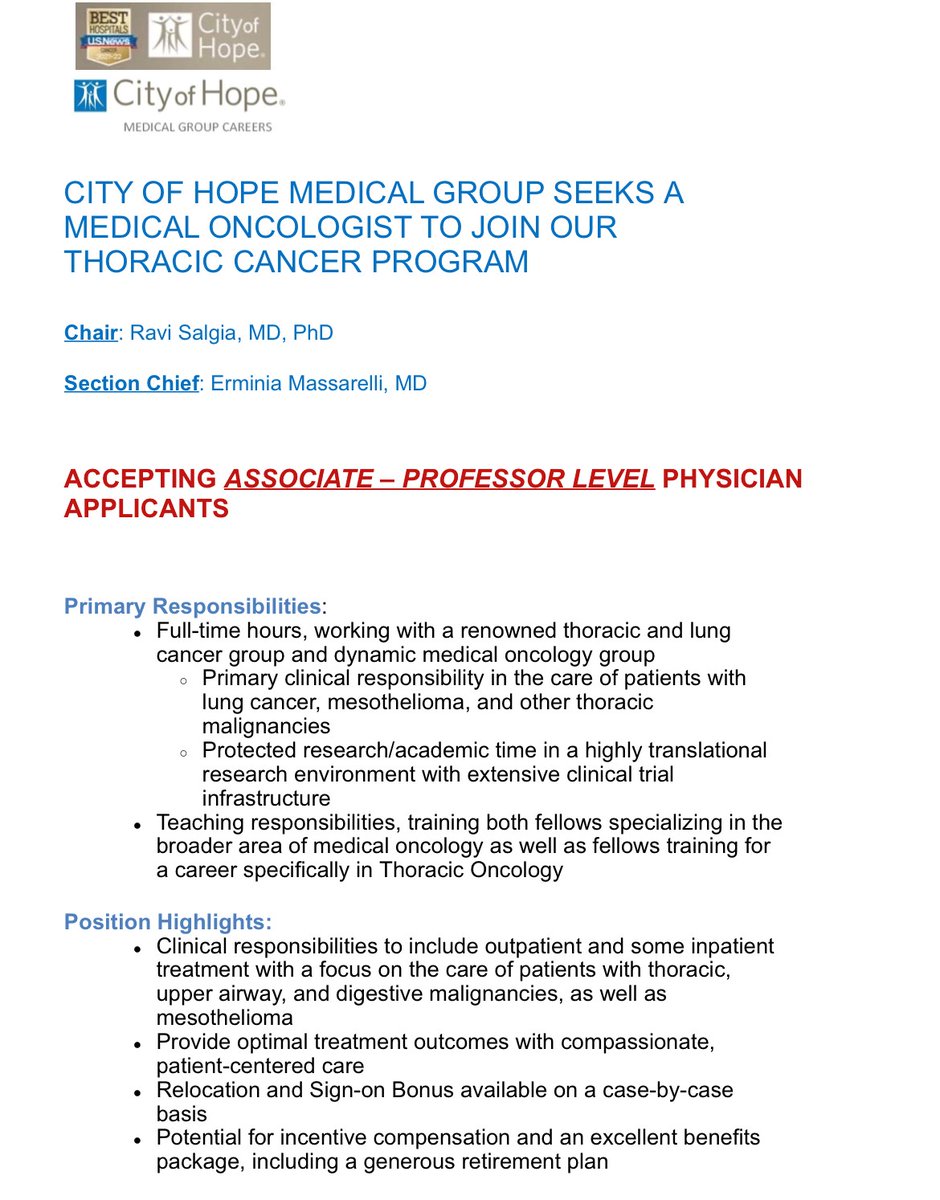 🚨📢City of Hope Seeks an oncologist to join our #ThoracicOncology program at the Duarte, CA main campus. 
🌟Work alongside @DrRaviSalgia and @ErminiaMassare1 !!!
✅👁‍🗨🎯Apply here: aa067.taleo.net/careersection/…