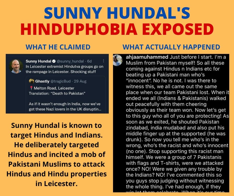 dabeli1989's tweet photo. @INSIGHTUK2 @LPCityCentre This guy @sunny_hundal is a racist bigot. His hate for #Hindus is no secret.

Shame on you. You're #Hinduphobia has well and truly been exposed.

@Independent, @IndyVoices - what are you doing about your employee? He incited violence against Hindus in #Leicester. https://t.co/fa9QPRU56i
