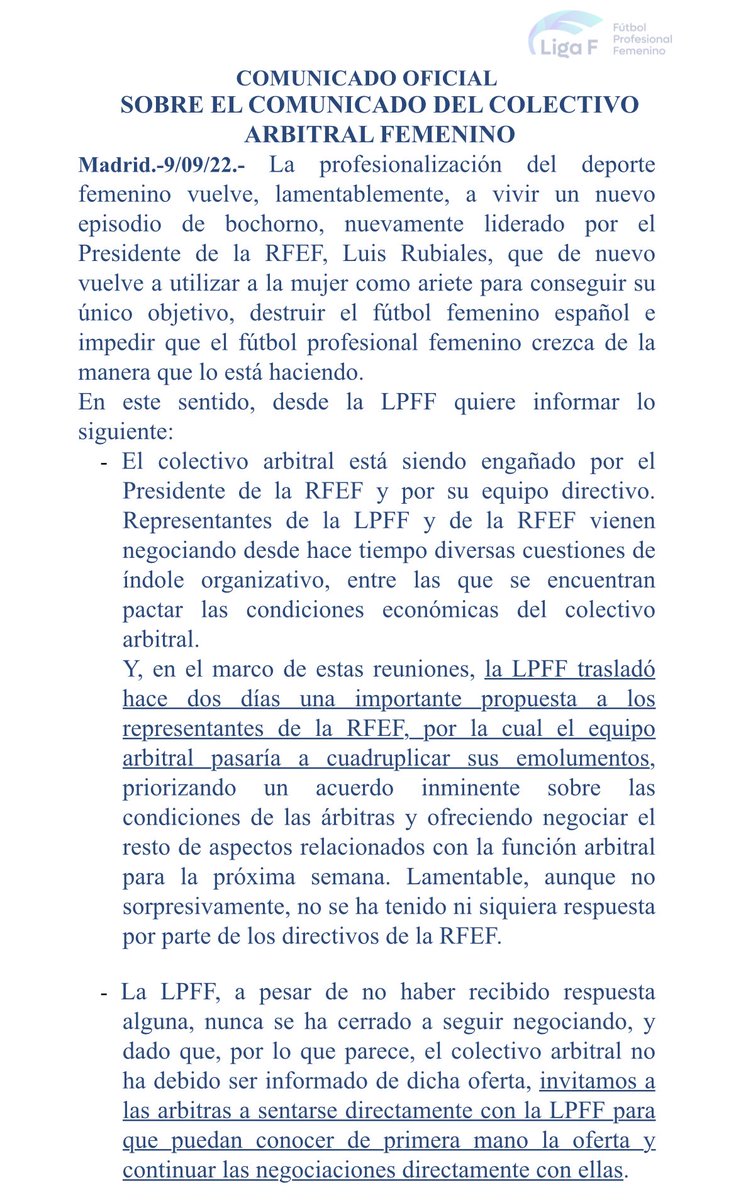 Andrea_Pelaez_'s tweet photo. 💥 Comunicado de la @LigaF_oficial 

➡️ El colectivo arbitral está siendo engañado por el Presidente de la RFEF y por su equipo directivo.

➡️ La LPFF hizo una oferta a la RFEF para cuadruplicar el salario de las árbitras.

➡️ La RFEF no ha respondido

(1/2) https://t.co/IkYwWcRdw2