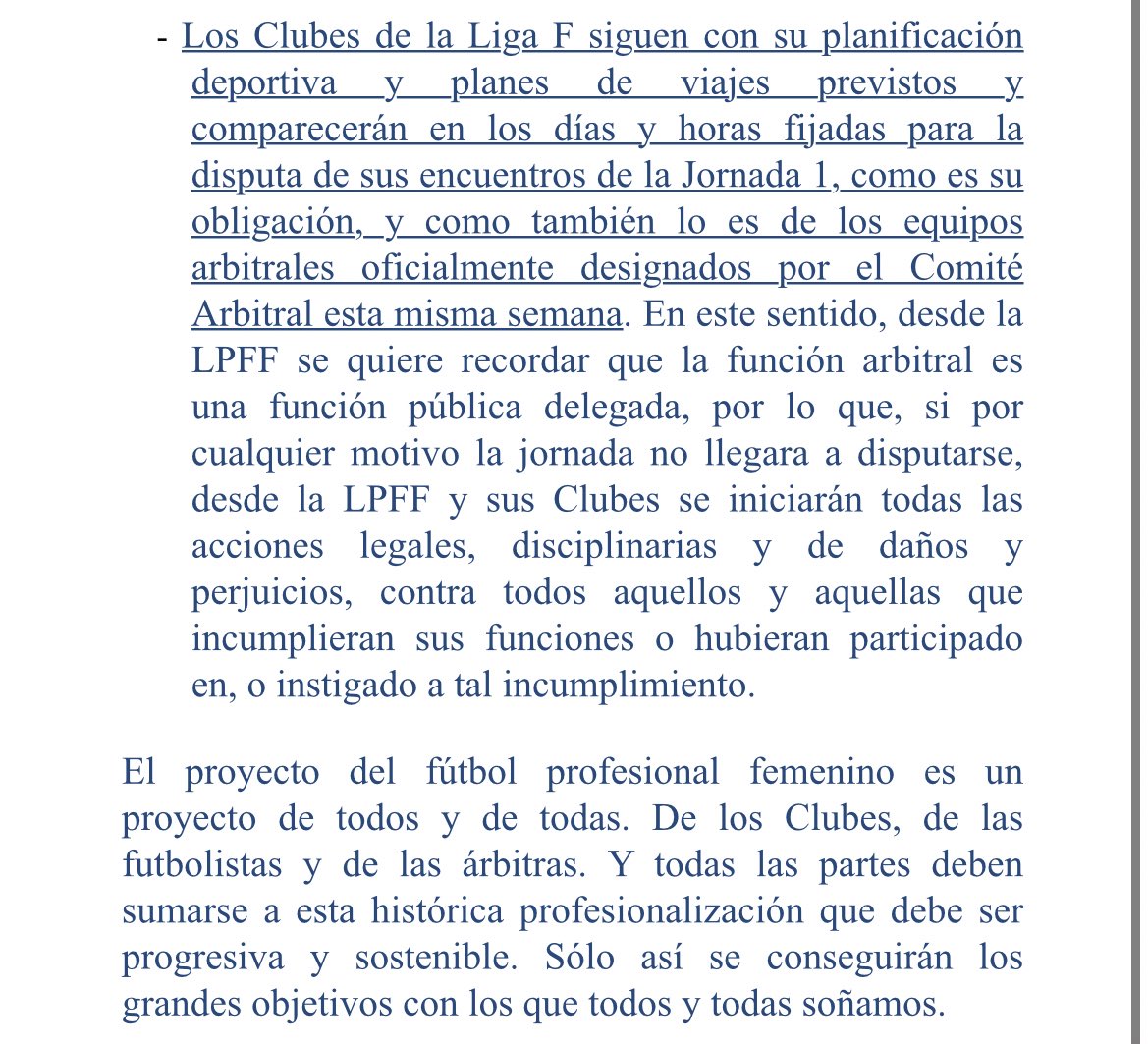 💥 Comunicado de la <a href="/LigaF_oficial/">Liga F</a> 

➡️ El colectivo arbitral está siendo engañado por el Presidente de la RFEF y por su equipo directivo.

➡️ La LPFF hizo una oferta a la RFEF para cuadruplicar el salario de las árbitras.

➡️ La RFEF no ha respondido

(1/2)