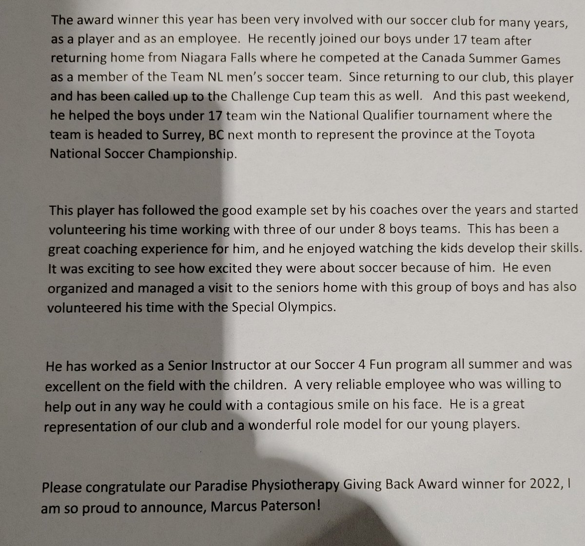 PYSAInfo's tweet photo. Congrats to the winner of @paradisephysio Giving Back Award for 2022. @marcuspaterson8 Well deserved! https://t.co/kmK47YzZtQ