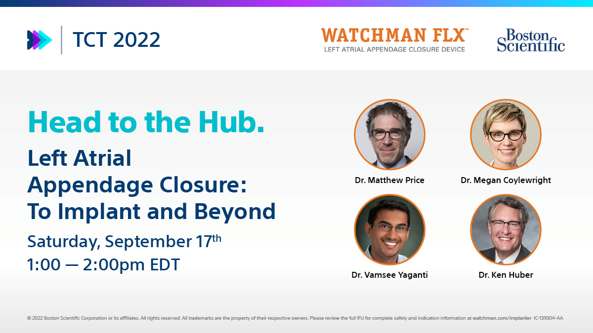 #CardioTwitter Join us next week at #TCT2022 for the “Left Atrial Appendage Closure: To Implant and Beyond” Symposium with Drs. <a href="/MCoylewright/">megan coylewright md mph</a>, <a href="/VamseeYaganti/">Vamsee Yaganti</a>, <a href="/khuberf1/">Ken Huber</a>, and <a href="/matthewjpricemd/">Matthew J. Price, MD</a>. 

Learn more: bit.ly/3QtzRae  #LAAC