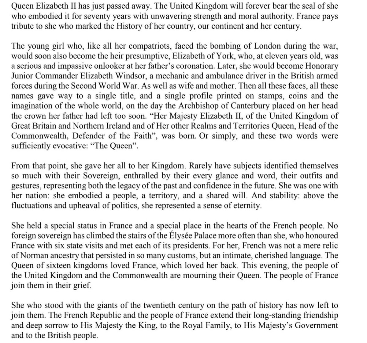 sundersays's tweet image. Remarkable and eloquent statement from the President of the French Republic on the death of a British Monarch.