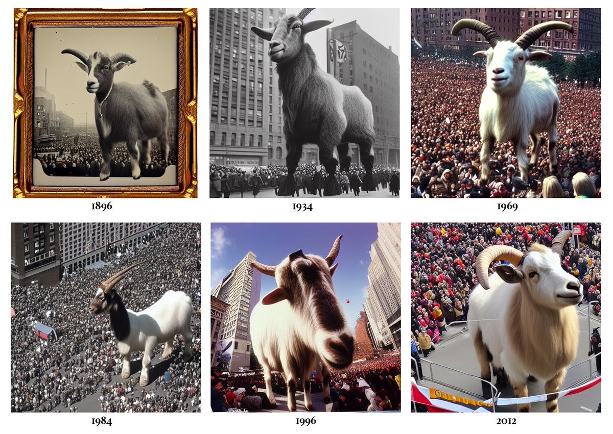 stopmotioner's tweet photo. New York's Giant Goat Parade over the decades, an alternate history via #StableDiffusion https://t.co/YWPshLYSxt