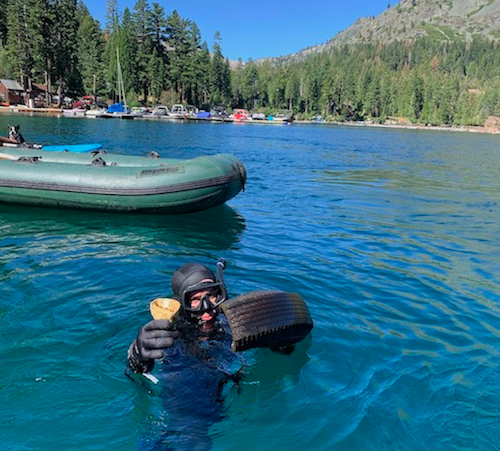 SouthTahoeNow's tweet photo. #CleanUpTheLake found the "dirtiest mile" at #FallenLeafLake. They've cleaned #LakeTahoe and #DonnerLake and this is most trashed to date. Fundraising campaign is underway to help finish the job. https://t.co/CyHgArgbQd https://t.co/kfKCZQ77k5