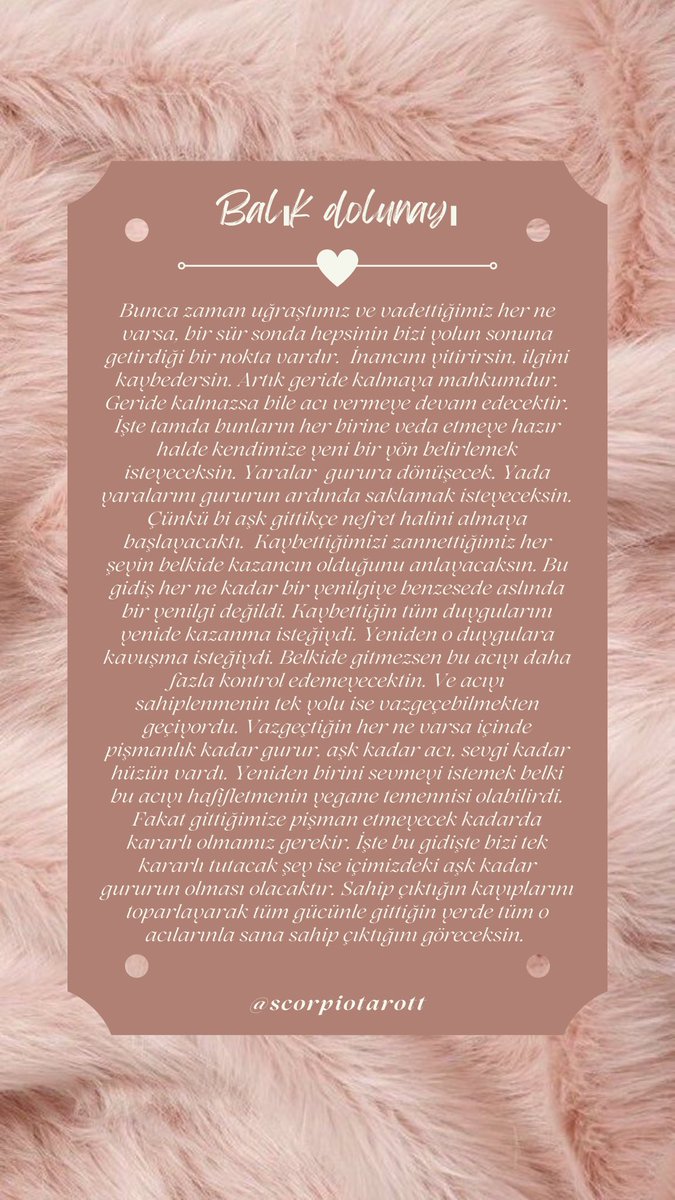 ▪️Balık Dolunayı Mesajı▪️

“seni sevdim ama artık yoruldum. gitmekten mutlu değilim ama yeniden başlamak için mutlu olmak gerek.”

#balıkdolunayı