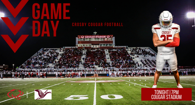 GAME DAY! District play! Let's Go Cougars! Crosby vs. Baytown Lee. 7pm at Cougar Stadium. Pre-Sale 🔗: vancoevents.com/us/events/land… General Admission (after 12pm) 🔗: vancoevents.com/us/events/land… @Texan_Live Stream 🔗: texanlive.com/video/63110dc3… @CrosbyHigh #BetterTogether