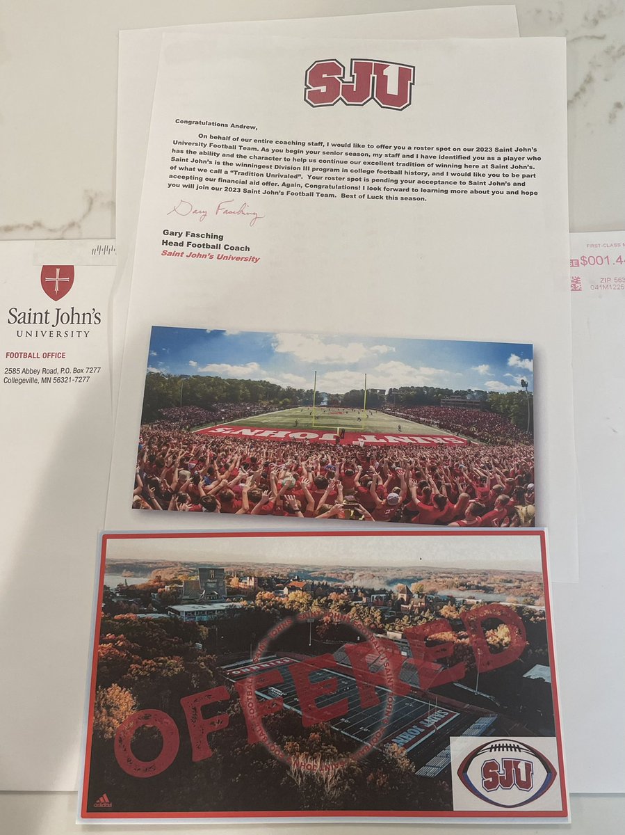 AndrewWesterme1's tweet photo. After a great visit, I am excited and blessed to announce I have received an offer to play football at St. John’s University! @SJUFBCoachDumo @SJUFootball @FootballWayzata @CoachLBrown https://t.co/YaoSjwSUvE