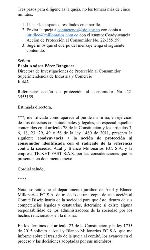 gisselleapa's tweet photo. Si ud. fue uno de los abonados de @MillosFCoficial q no pudo asistir al juego vs DIM, lo invitamos a diligenciar esta queja contra @TuBoletaNews y los directivos. Acá va instrucción en tres pasos para presentarla por Email y el formato de la queja para enviar como archivo adjunto https://t.co/l8ZFgBh60U
