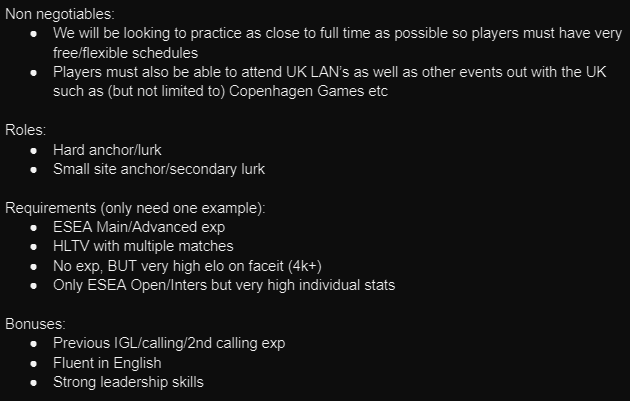 🚨TEAM ANNOUNCEMENT🚨 Myself and <a href="/moz_cs/">moz</a> have added <a href="/JackB_CS/">Jack🏴󠁧󠁢󠁥󠁮󠁧󠁿</a> to the project! We are now looking for +2 for next season of ESEA main, UK Prem quals and future UK and EU LAN's! To apply DM me here :) More info below for what we are looking for: