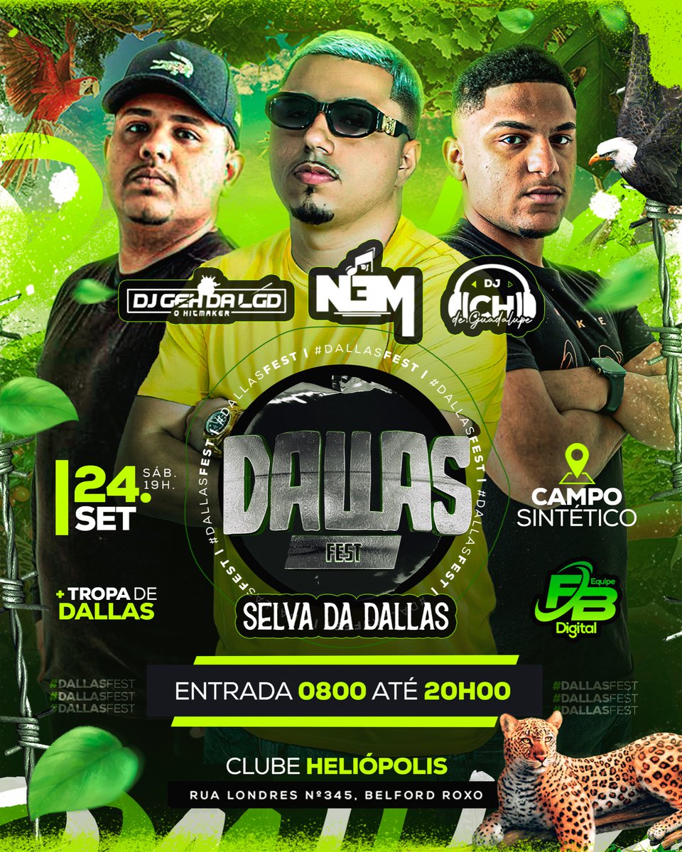 FestDallas's tweet photo. Estamos de Volta. Bem-vindos a Selva🌴🌲🐆
Próxima parada: 
-
SELVA DA DALLAS🦅🦧🐕

•24 de setembro. Sábado às 19:00
•Equipe FB Digital
•Entrada 0800 até as 20:00H
-
Vamos entrar pra história!
📍Heliópolis 
#dallasfest https://t.co/tlZWlzERQs
