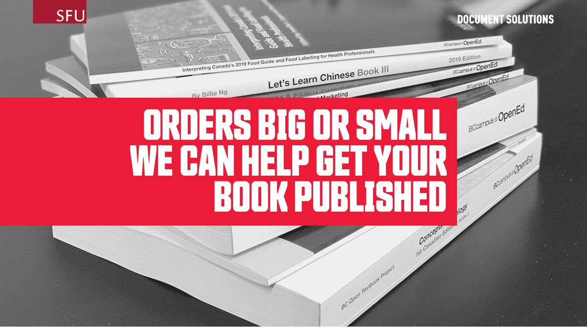 SFUAncillary's tweet image. We take large &amp;amp; small orders for custom book printing and binding. Contact us today to find out how we can help you get your books made!

#sfu #docsol #morethanprint #custombooks #bookpublishing #bookprinting #documentsolutions