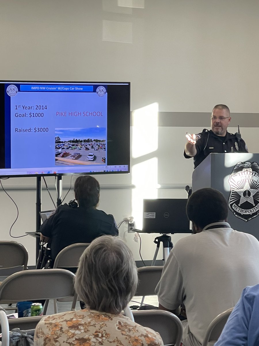 IMPDNW's tweet photo. Officer Sechrist from the IMPD Northwest District CRU spoke about the importance of the Cruisin’ with Cops Car Show on September 17th. This event will be from 8am - 2pm on W 16th Street across the street from @IMS. This is our fundraiser for community events. 
#TheGreatNorthwest https://t.co/mHTPO5Oy7t