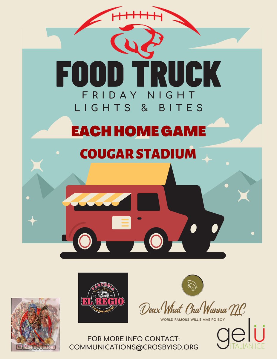 Friday Night Lights and Bites!! Bigger and better as promised. Tonight, we'll have six food trucks ready to feed our Cougar fans! From Creole to fried chicken to gourmet potatoes and smoked meats! Get fed and revved up! @CrosbyHigh @crosby_fb #BetterTogether