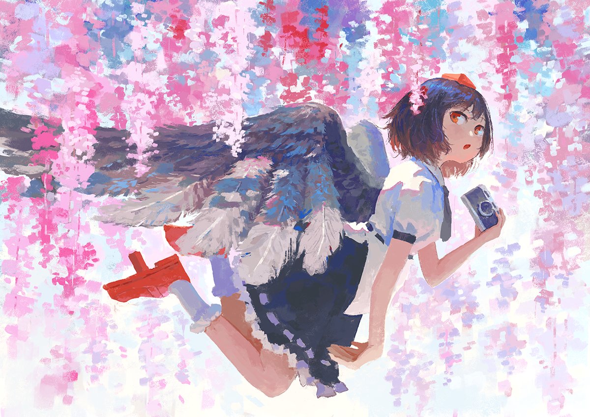 shameimaru aya 1girl solo wings tokin hat hat skirt camera  illustration images