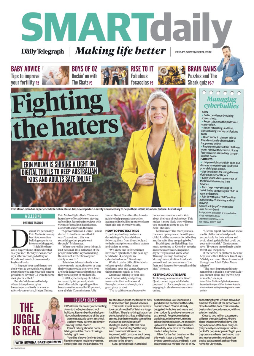 GQuattromani's tweet photo. Great story by @ptadros in the @dailytelegraph this morning around online safety. Chuffed to be included next to legends @Erin_Molan and @tweetinjules. The full story is here: https://t.co/UtvaWG1xPr https://t.co/ef2yvzVNHv