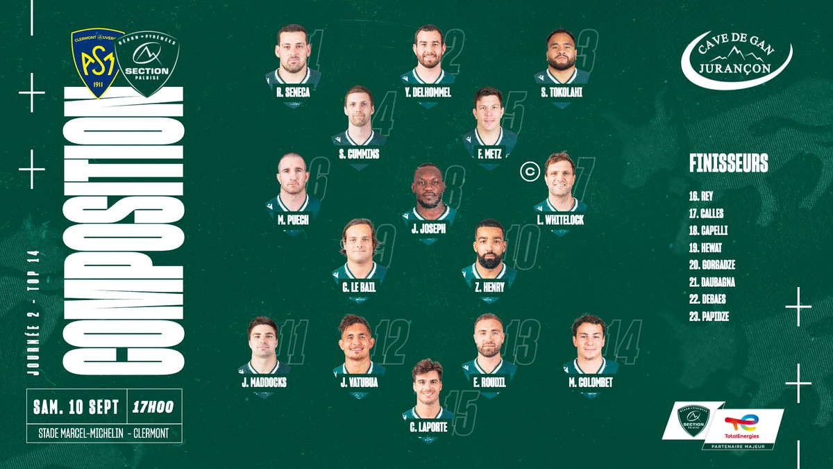 SectionPaloise's tweet photo. 📋 𝑳𝒂 𝒄𝒐𝒎𝒑𝒐 

🌋🚌 La Section se rend en Auvergne ce samedi pour le 1er déplacement de la saison, voici la compo des Vert et Blanc !

#ASMSP #TOP14 #HonhaSection https://t.co/4gcNayFJ3z