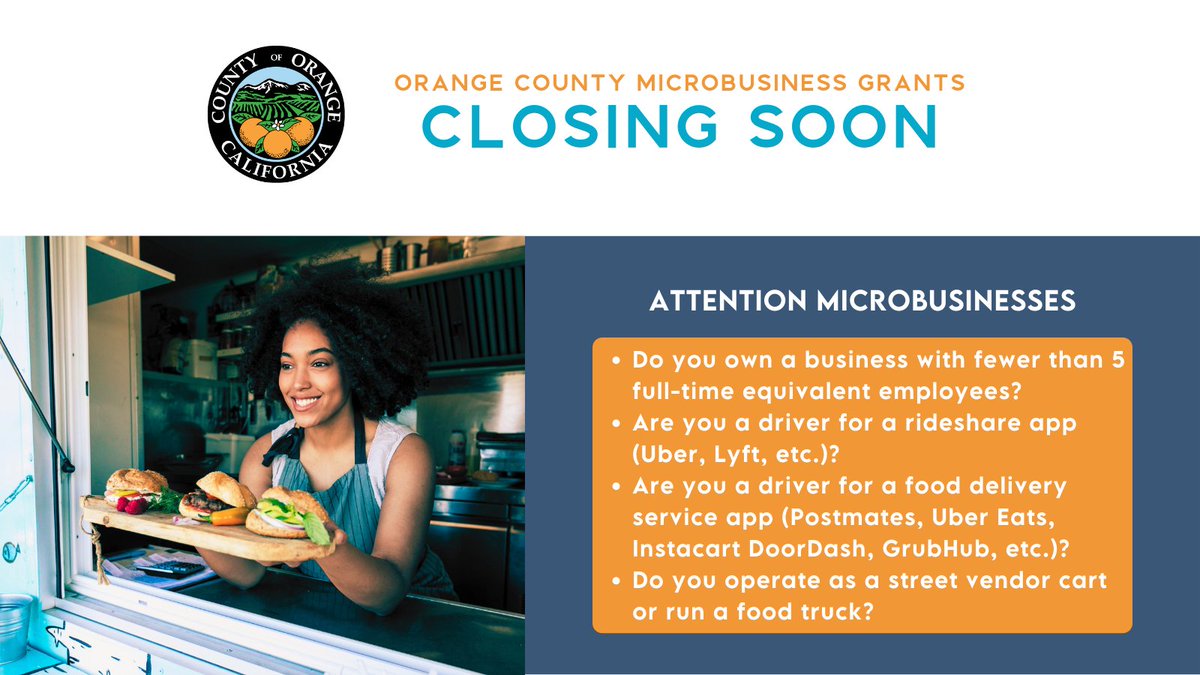 oc_workforce's tweet photo. Applications for @OCGovCA’s Orange County Microbusiness Grant are closing soon! To apply, visit online at https://t.co/JrVLntCyY8.

Funded in part through a Grant from the @CaliforniaOSBA.

#OCWorksTogether #OrangeCounty #Microbusiness #SmallBusiness https://t.co/2gSp3ZrVPj