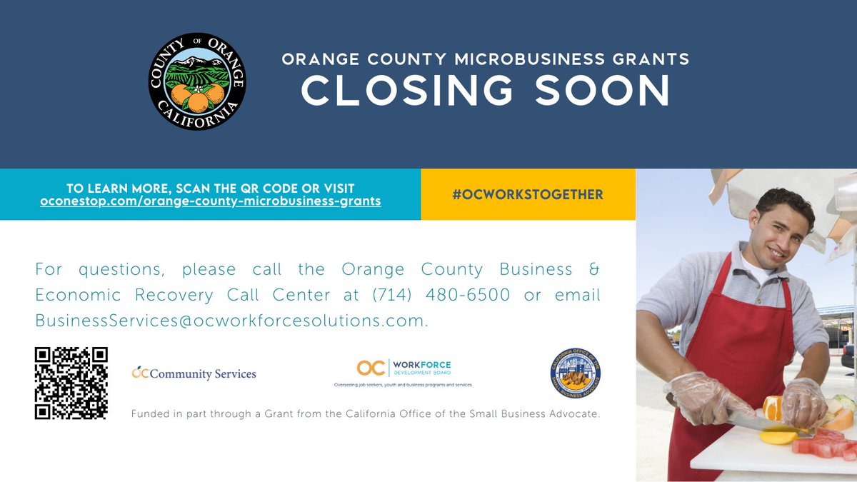 oc_workforce's tweet photo. Applications for @OCGovCA’s Orange County Microbusiness Grant are closing soon! To apply, visit online at https://t.co/JrVLntCyY8.

Funded in part through a Grant from the @CaliforniaOSBA.

#OCWorksTogether #OrangeCounty #Microbusiness #SmallBusiness https://t.co/2gSp3ZrVPj