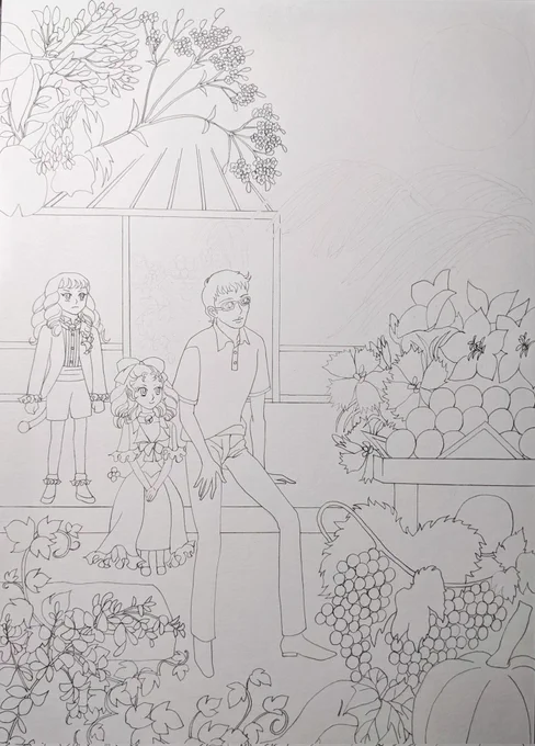 日本の秋を堪能する3人。
お団子と共に萩、尾花(芒)、女郎花、藤袴、桔梗、撫子、葛の秋の七草と
葡萄、南瓜、薩摩芋をお供え。 
蔓のあるものを飾ると良いらしいので
葡萄の蔓と蔦も一緒に。

空白部分は芒や月夜を塗っていきます。

#ペン画 #ドラえもん 
#耽美えもん 