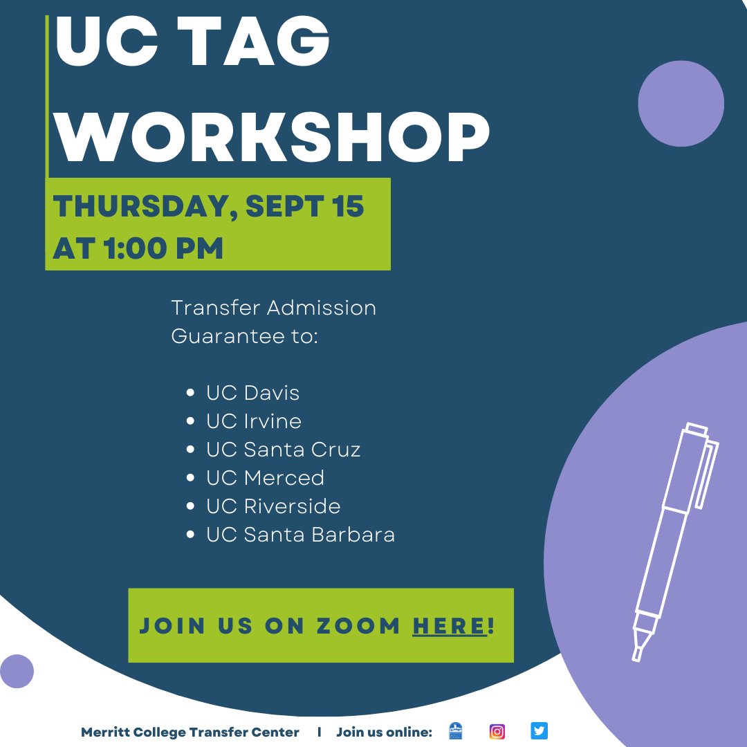 TransferMerritt's tweet photo. Join us online on Thursday, September 15 at 1:00 PM for the UC TAG Workshop!
Zoom link: https://t.co/2o39upZJWm
#transfer #transfercenter @PeraltaColleges @MerrittCollege https://t.co/DasBne3O6R