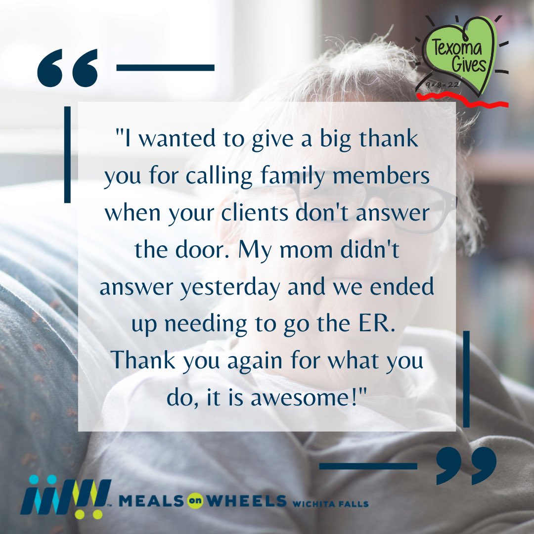 Texoma Gives isn’t over yet! There is still time to donate - Check out this client statement below!! ⬇️⬇️

THIS is why we do what we do, this is why Meals on Wheels is #MoreThanAMeal. 

Donate here: texomagives.org/organizations/… 

#texomagives
