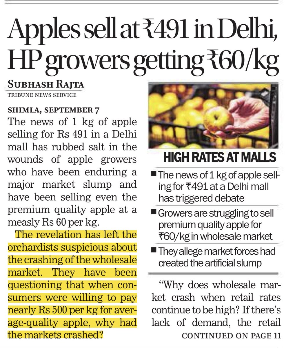 MacroPb's tweet photo. 1/2 Apples are selling in the retail market at nearly 10 times of what was paid to the farmers. This is similar to what happens with other agricultural produce that is sold in free market. The middle man profits while the consumer and farmers suffer. https://t.co/gkQGH9GWMV