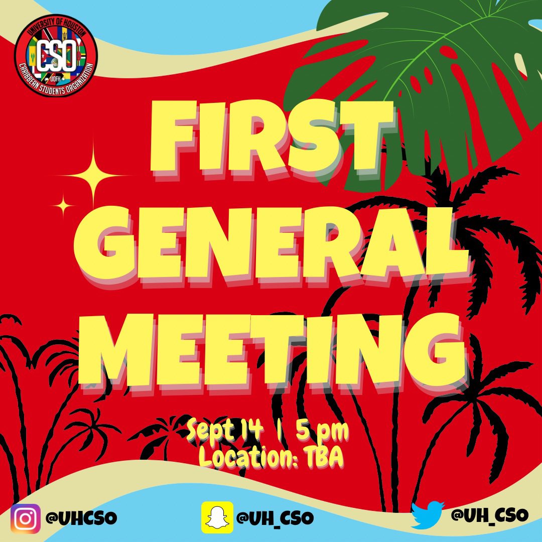 Caribbean UH is back! Come out next Wednesday to our first general meeting to learn more about how to get involved and get to know our awesome team!
