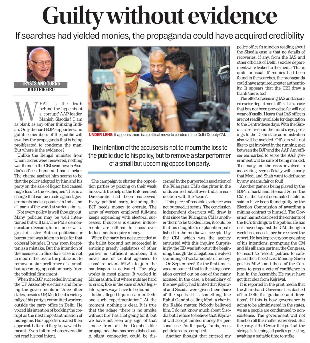 Jasmine441's tweet photo. Celebrated IPS officer and former Police Commissioner of Mumbai Julio Ribeiro writes how the CBI/ED investigation on Delhi excise policy is nothing but an attempt to bring down @msisodia, a star performer of the up and rising @AamAadmiParty. https://t.co/DjDeqzm52A