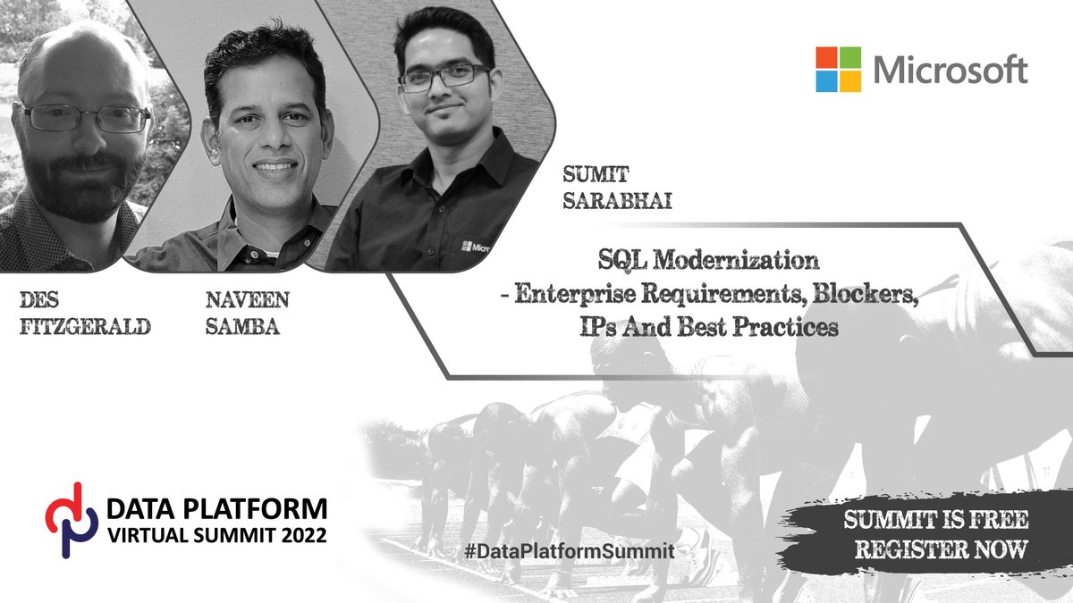 DataAISummit's tweet image. SQL Modernization- Enterprise Requirements, Blockers, IPs, and Best Practices By Des FitzGerald, Naveen Samba & Sumit Sarabhai
Block your seat for FREE.
bit.ly/dps2022
Check out the sessions: bit.ly/dps2022sessions
RT
#SQLModernization #SQLOnAzure #DataPlatformSummit