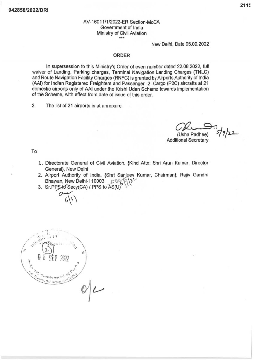 SarinAndCo's tweet photo. The Ministry of Civil Aviation (the “MoCA”) had vide an order dated 5th September 2022 confirmed a full waiver of inter alia, landing, parking and navigation charges by the Airports Authority of India at twenty one (21) domestic airports operated by it for cargo aircraft 
1/2 https://t.co/kaRXEKj5dd